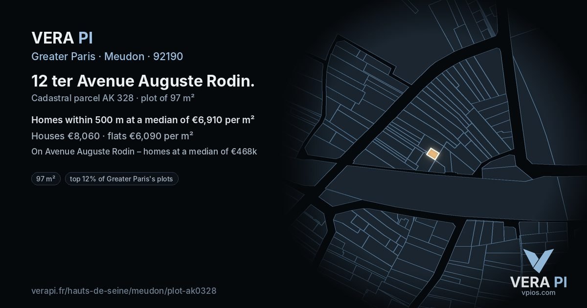 12 ter Avenue Auguste Rodin, Meudon at night – the plot lit, the parcels around coloured by the prices near them