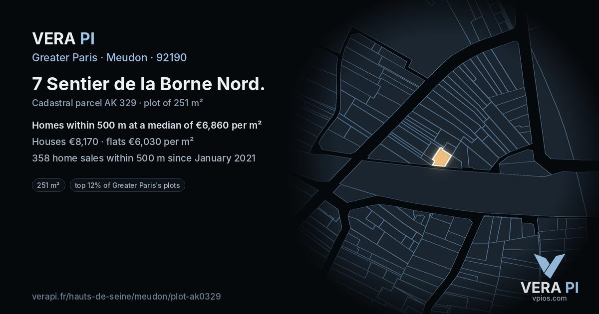 7 Sentier de la Borne Nord, Meudon at night – the plot lit, the parcels around coloured by the prices near them