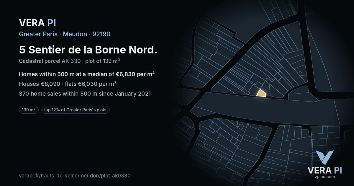 5 Sentier de la Borne Nord, Meudon at night – the plot lit, the parcels around coloured by the prices near them