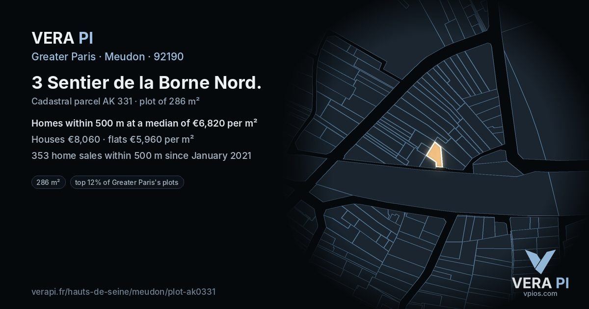 3 Sentier de la Borne Nord, Meudon at night – the plot lit, the parcels around coloured by the prices near them