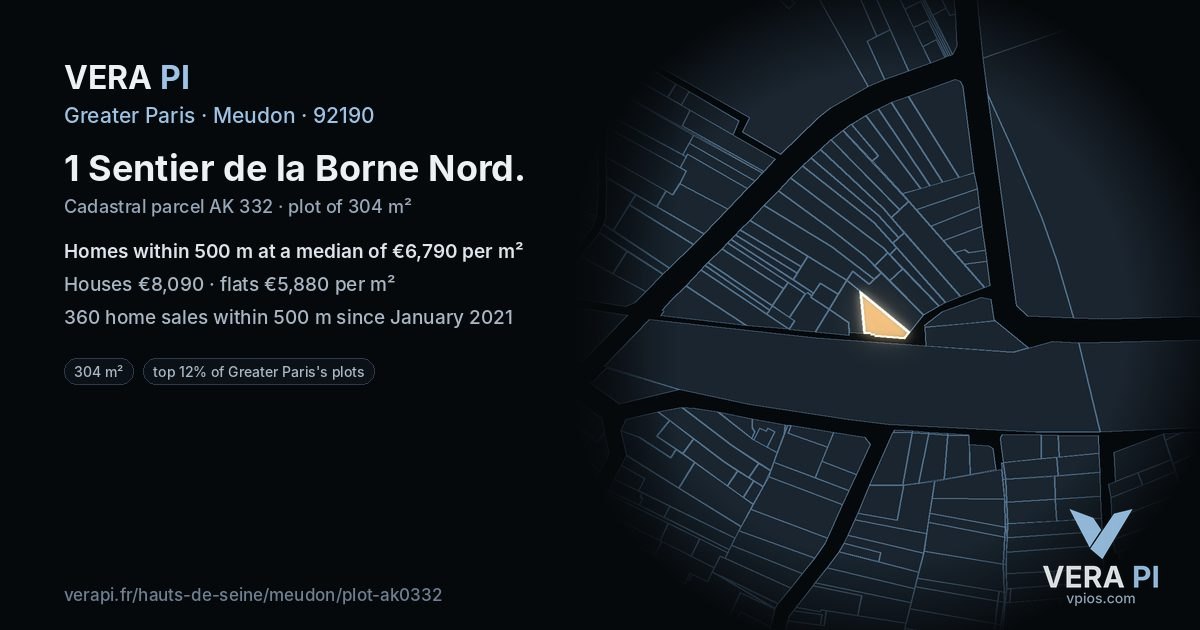 1 Sentier de la Borne Nord, Meudon at night – the plot lit, the parcels around coloured by the prices near them