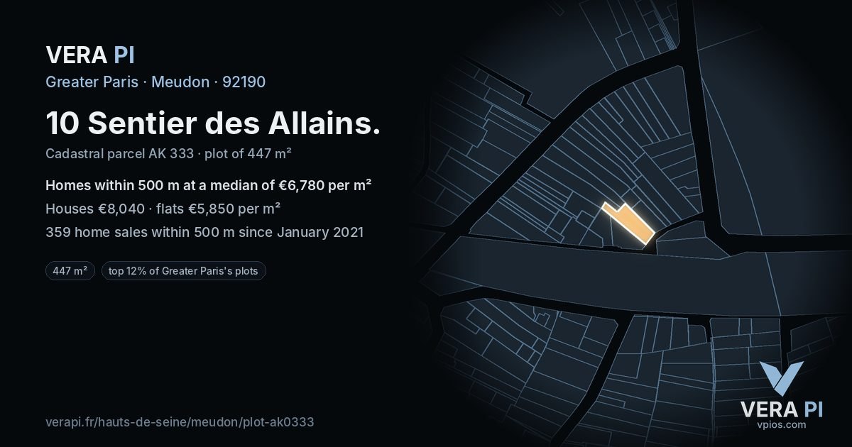 10 Sentier des Allains, Meudon at night – the plot lit, the parcels around coloured by the prices near them