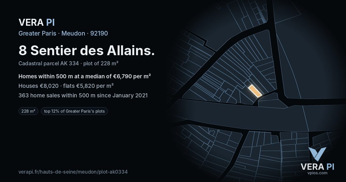8 Sentier des Allains, Meudon at night – the plot lit, the parcels around coloured by the prices near them