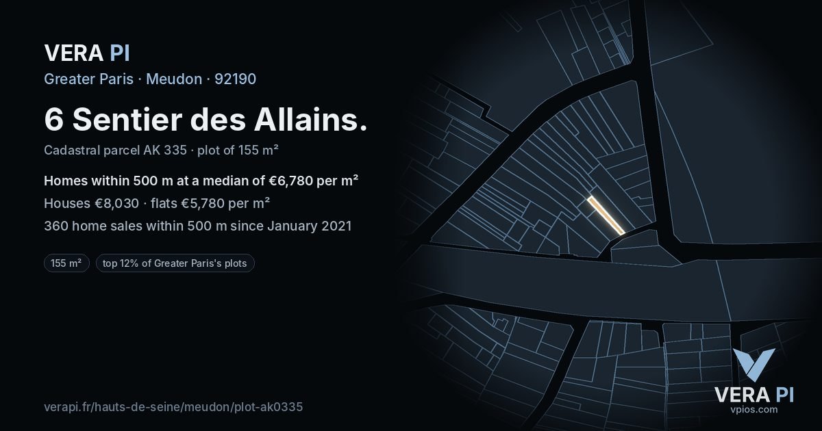 6 Sentier des Allains, Meudon at night – the plot lit, the parcels around coloured by the prices near them