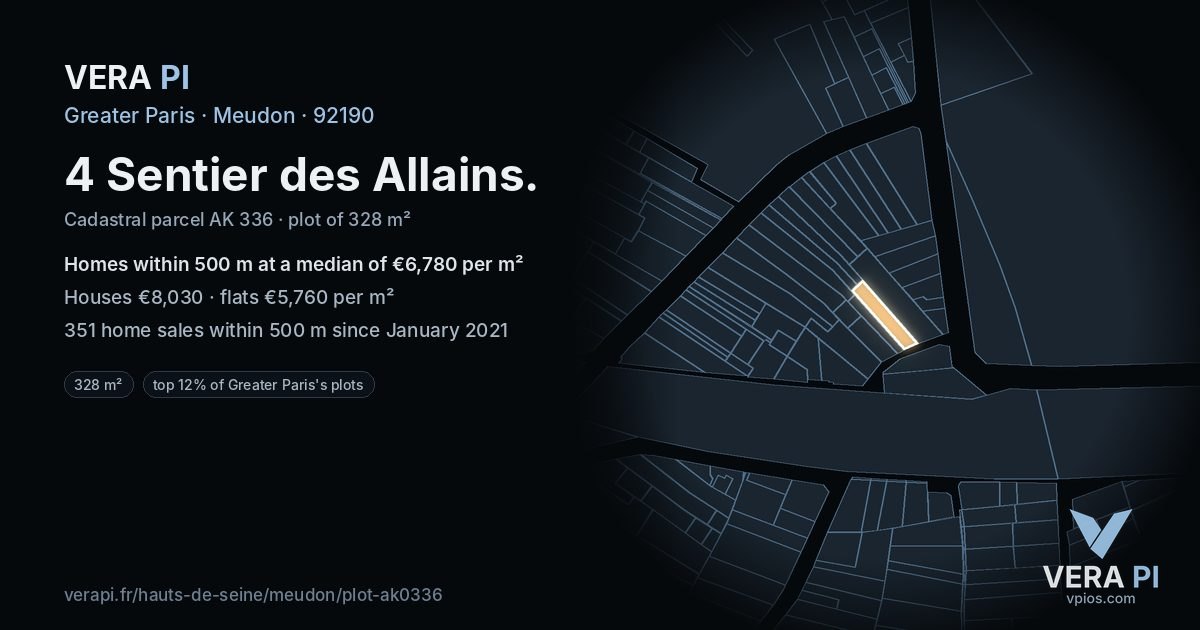 4 Sentier des Allains, Meudon at night – the plot lit, the parcels around coloured by the prices near them