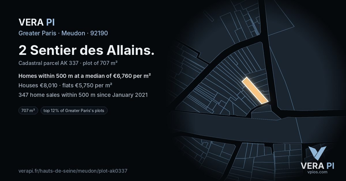 2 Sentier des Allains, Meudon at night – the plot lit, the parcels around coloured by the prices near them