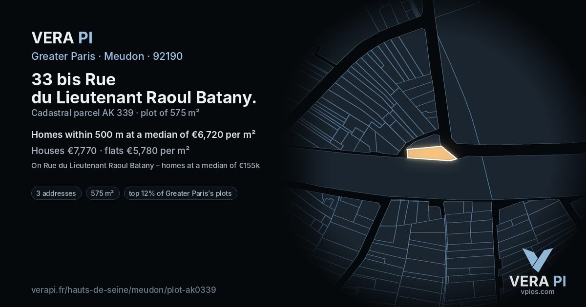 33 bis Rue du Lieutenant Raoul Batany, Meudon at night – the plot lit, the parcels around coloured by the prices near them