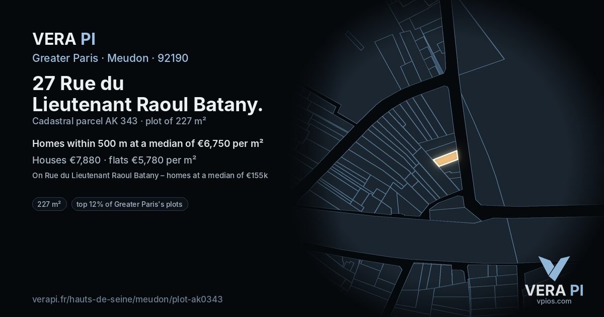 27 Rue du Lieutenant Raoul Batany, Meudon at night – the plot lit, the parcels around coloured by the prices near them