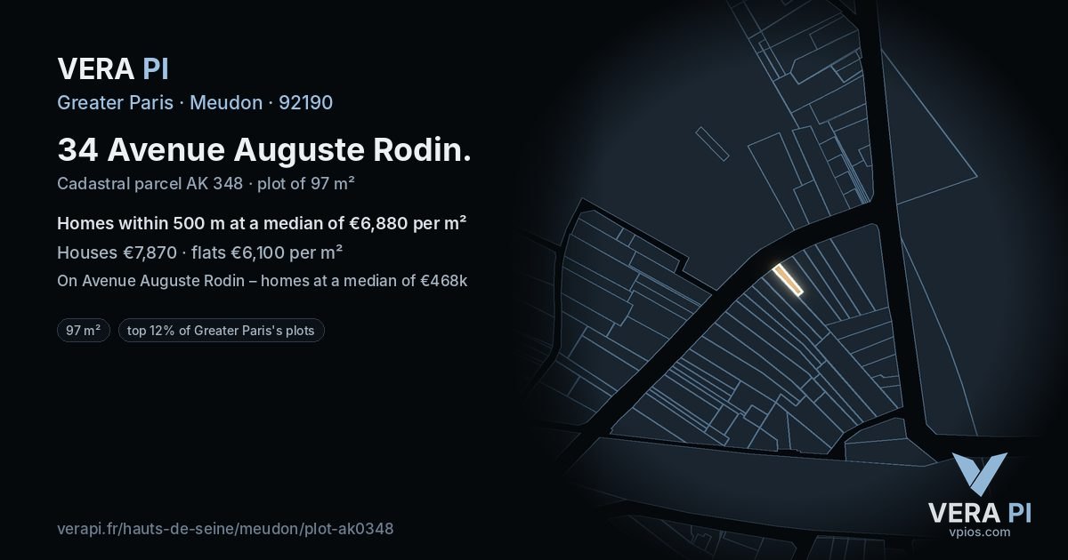 34 Avenue Auguste Rodin, Meudon at night – the plot lit, the parcels around coloured by the prices near them