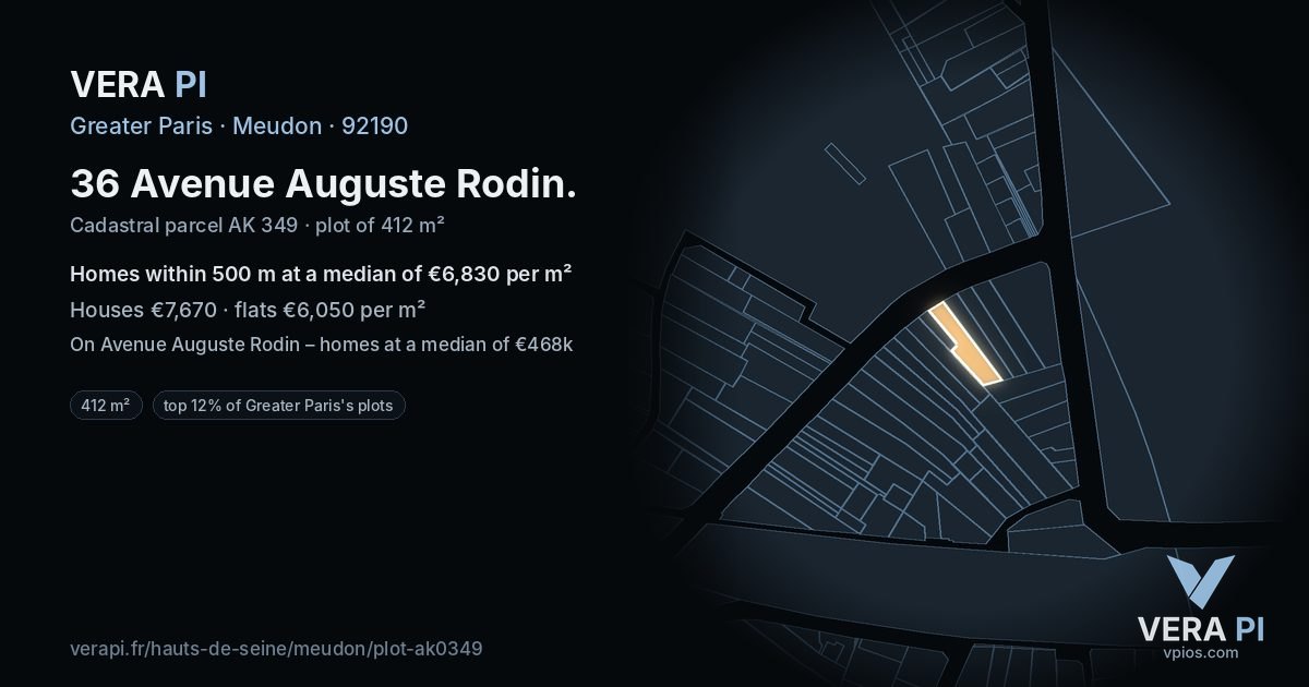 36 Avenue Auguste Rodin, Meudon at night – the plot lit, the parcels around coloured by the prices near them
