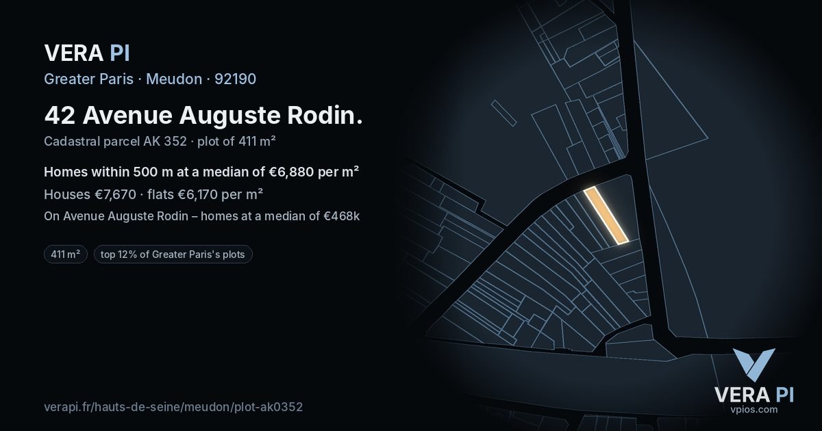 42 Avenue Auguste Rodin, Meudon at night – the plot lit, the parcels around coloured by the prices near them