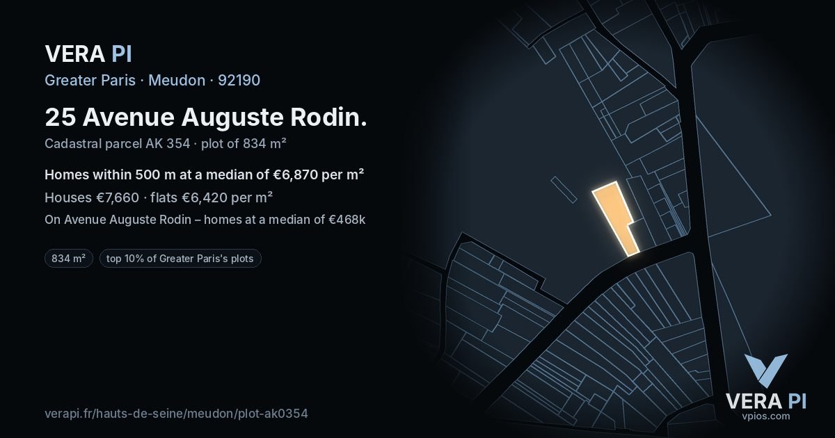 25 Avenue Auguste Rodin, Meudon at night – the plot lit, the parcels around coloured by the prices near them