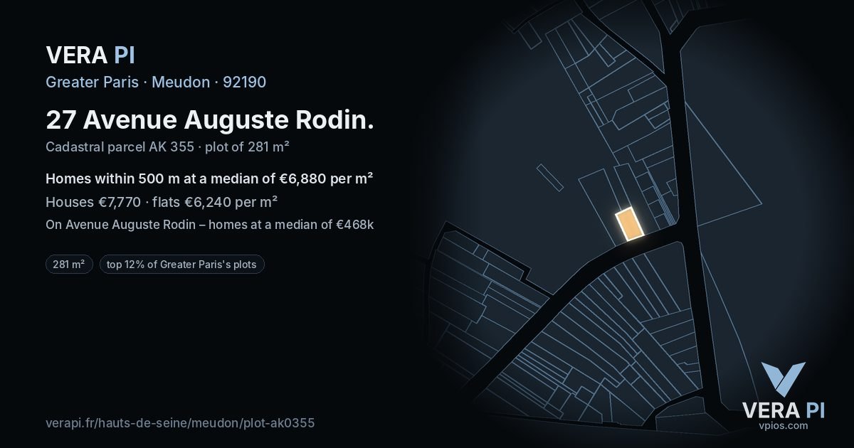 27 Avenue Auguste Rodin, Meudon at night – the plot lit, the parcels around coloured by the prices near them