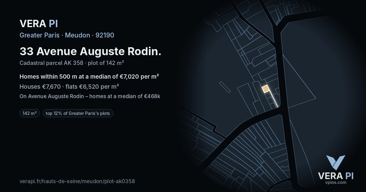 33 Avenue Auguste Rodin, Meudon at night – the plot lit, the parcels around coloured by the prices near them