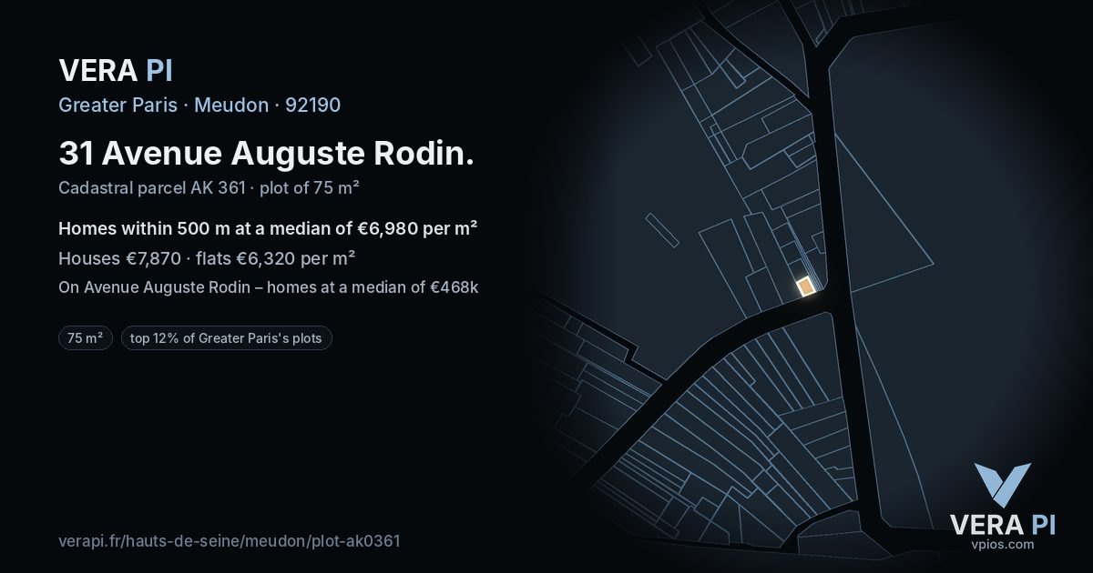 31 Avenue Auguste Rodin, Meudon at night – the plot lit, the parcels around coloured by the prices near them