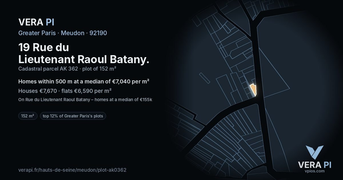 19 Rue du Lieutenant Raoul Batany, Meudon at night – the plot lit, the parcels around coloured by the prices near them