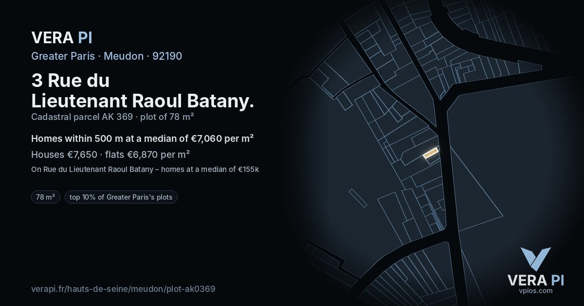 3 Rue du Lieutenant Raoul Batany, Meudon at night – the plot lit, the parcels around coloured by the prices near them