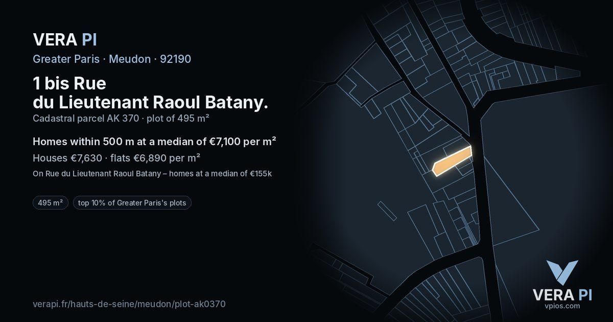 1 bis Rue du Lieutenant Raoul Batany, Meudon at night – the plot lit, the parcels around coloured by the prices near them