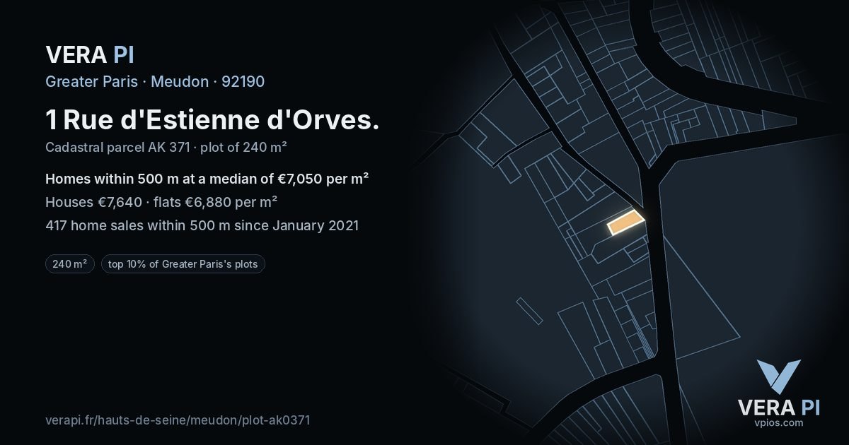 1 Rue d'Estienne d'Orves, Meudon at night – the plot lit, the parcels around coloured by the prices near them