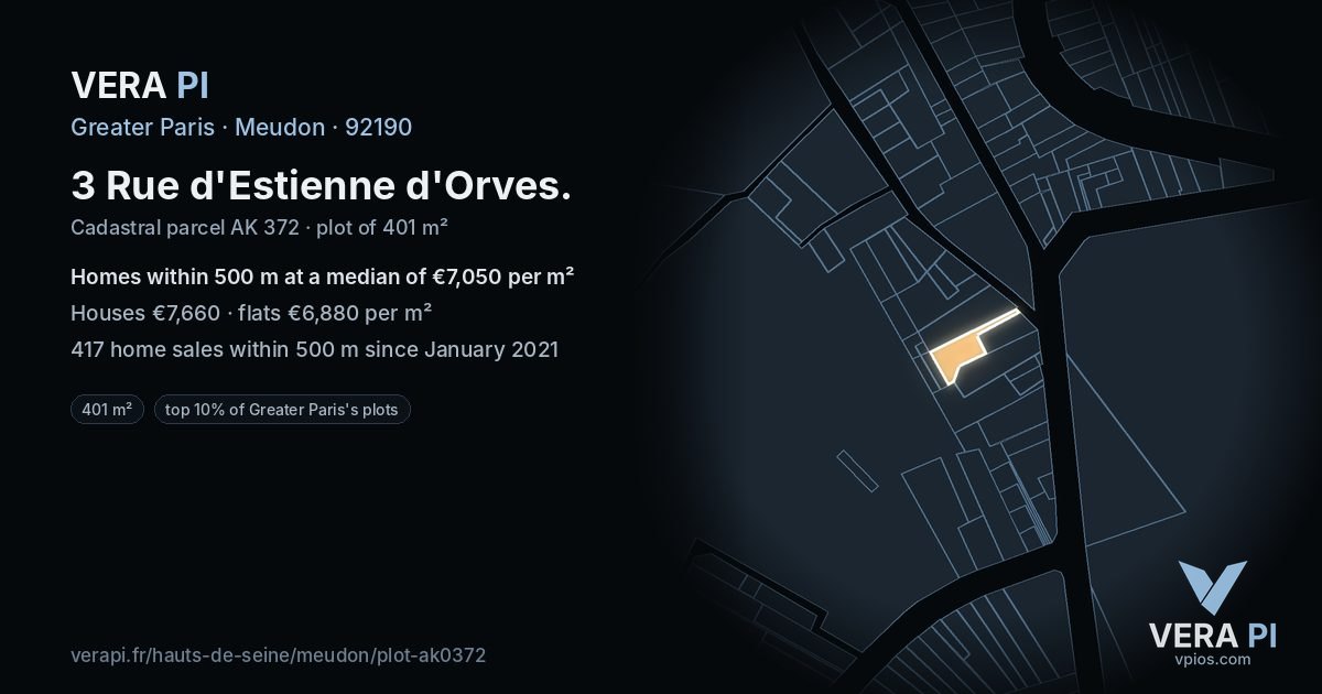 3 Rue d'Estienne d'Orves, Meudon at night – the plot lit, the parcels around coloured by the prices near them