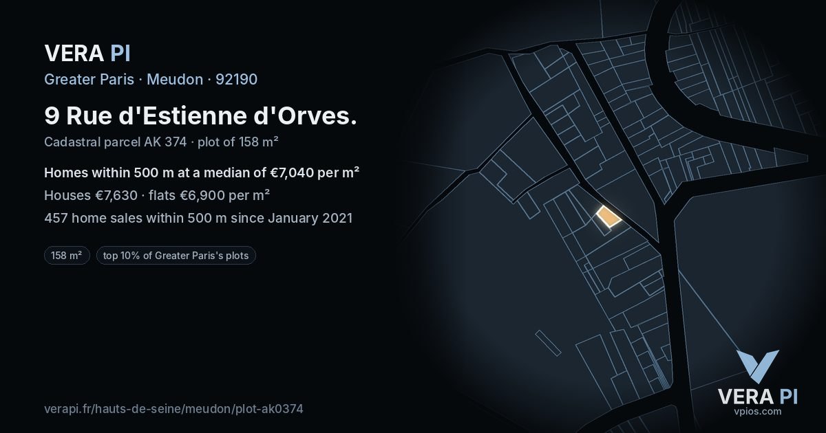 9 Rue d'Estienne d'Orves, Meudon at night – the plot lit, the parcels around coloured by the prices near them