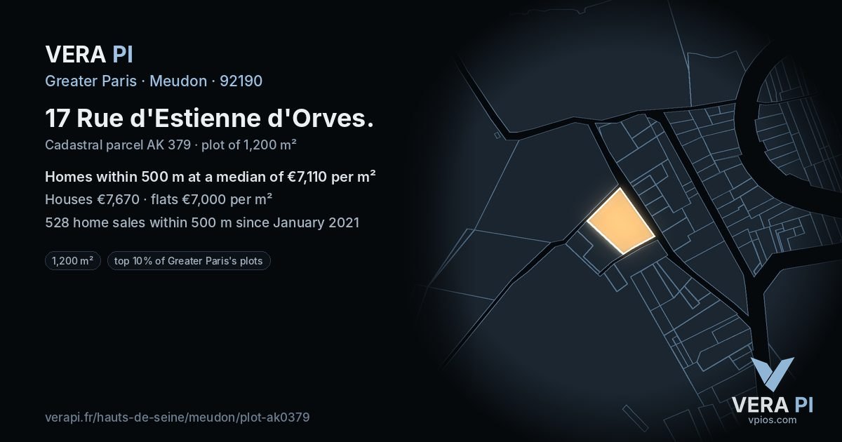 17 Rue d'Estienne d'Orves, Meudon at night – the plot lit, the parcels around coloured by the prices near them