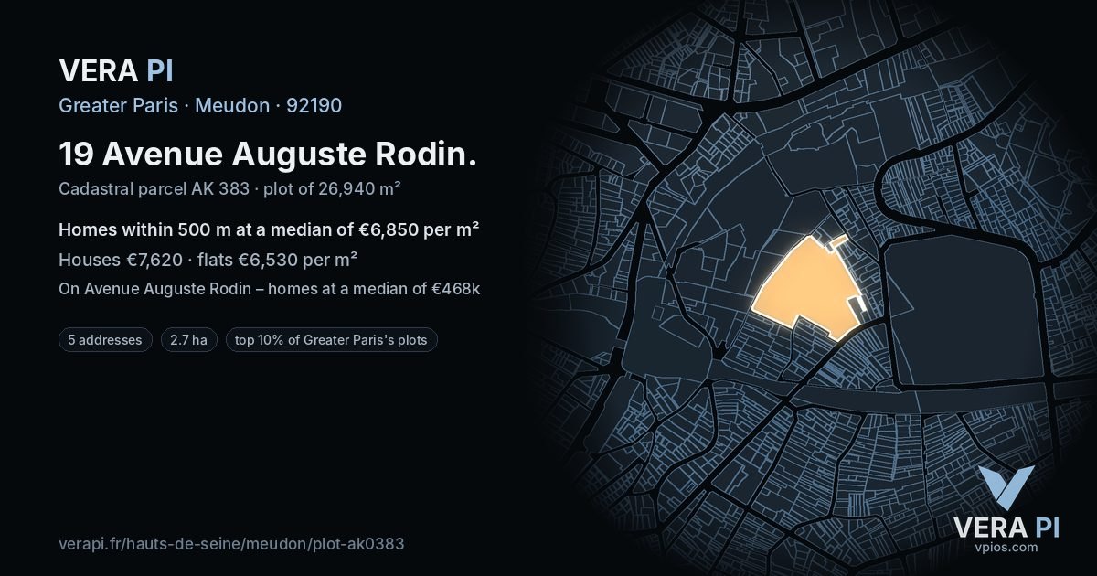 19 Avenue Auguste Rodin, Meudon at night – the plot lit, the parcels around coloured by the prices near them