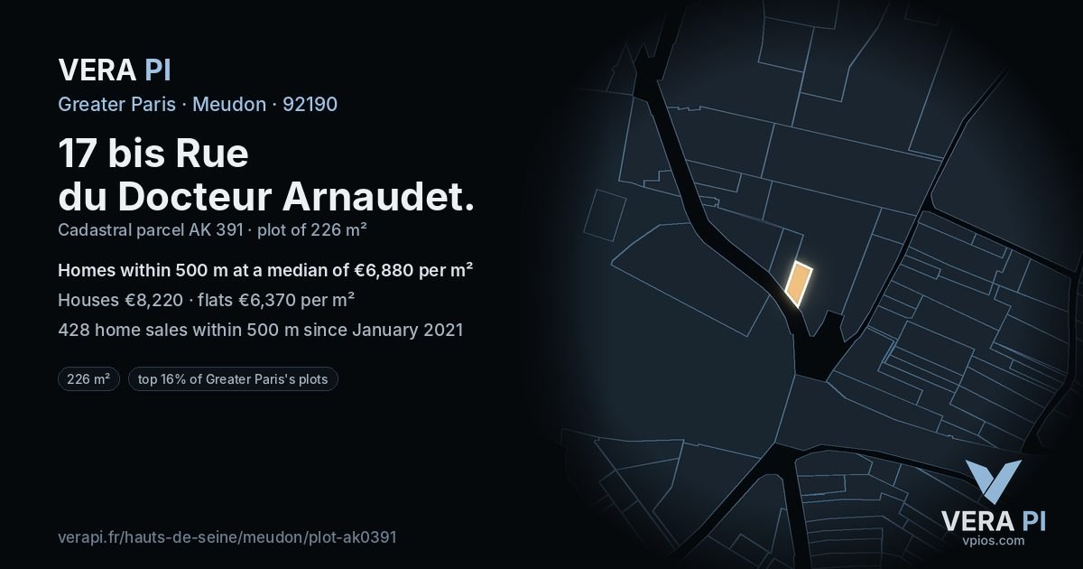 17 bis Rue du Docteur Arnaudet, Meudon at night – the plot lit, the parcels around coloured by the prices near them