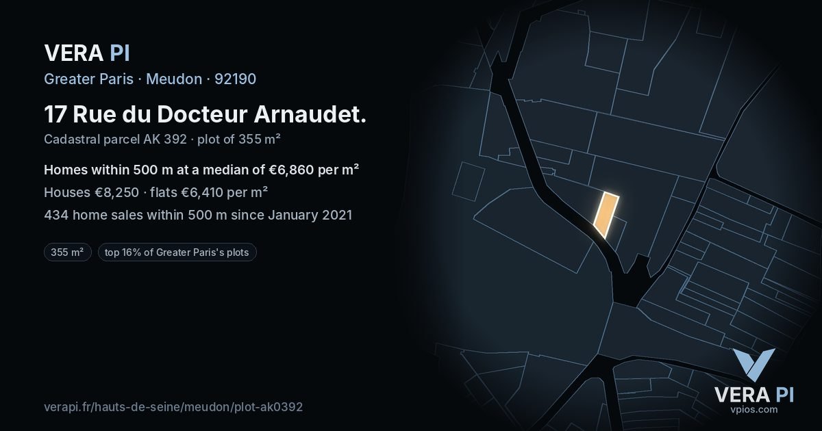 17 Rue du Docteur Arnaudet, Meudon at night – the plot lit, the parcels around coloured by the prices near them