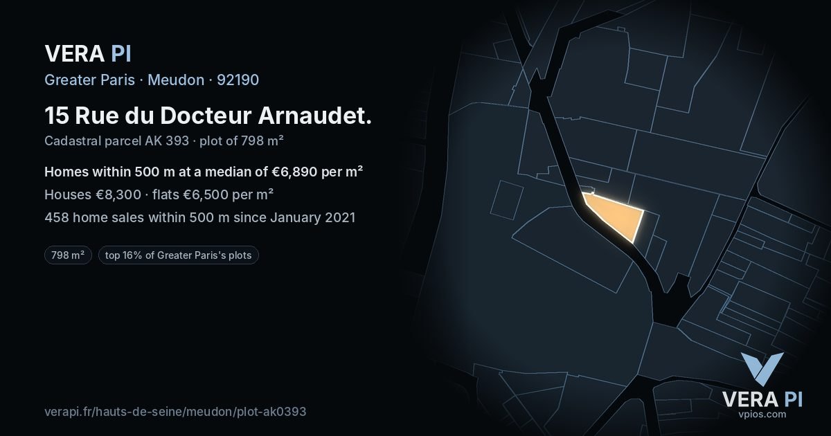 15 Rue du Docteur Arnaudet, Meudon at night – the plot lit, the parcels around coloured by the prices near them