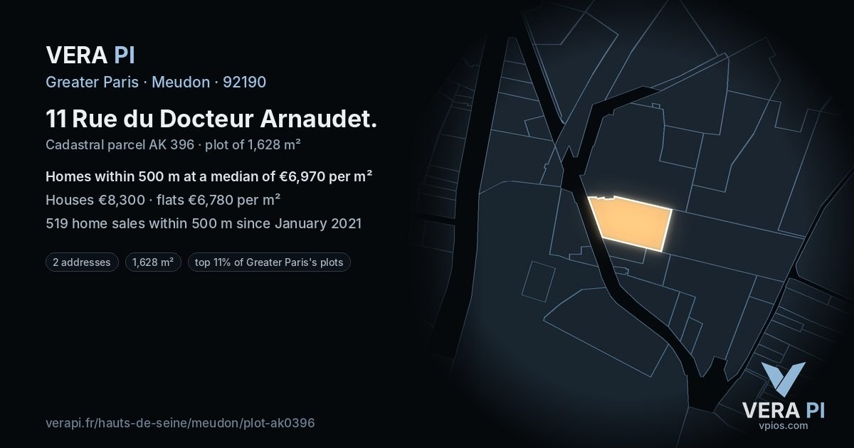 11 Rue du Docteur Arnaudet, Meudon at night – the plot lit, the parcels around coloured by the prices near them