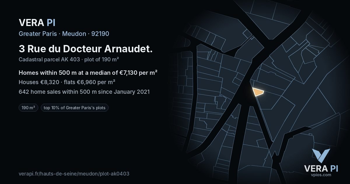 3 Rue du Docteur Arnaudet, Meudon at night – the plot lit, the parcels around coloured by the prices near them