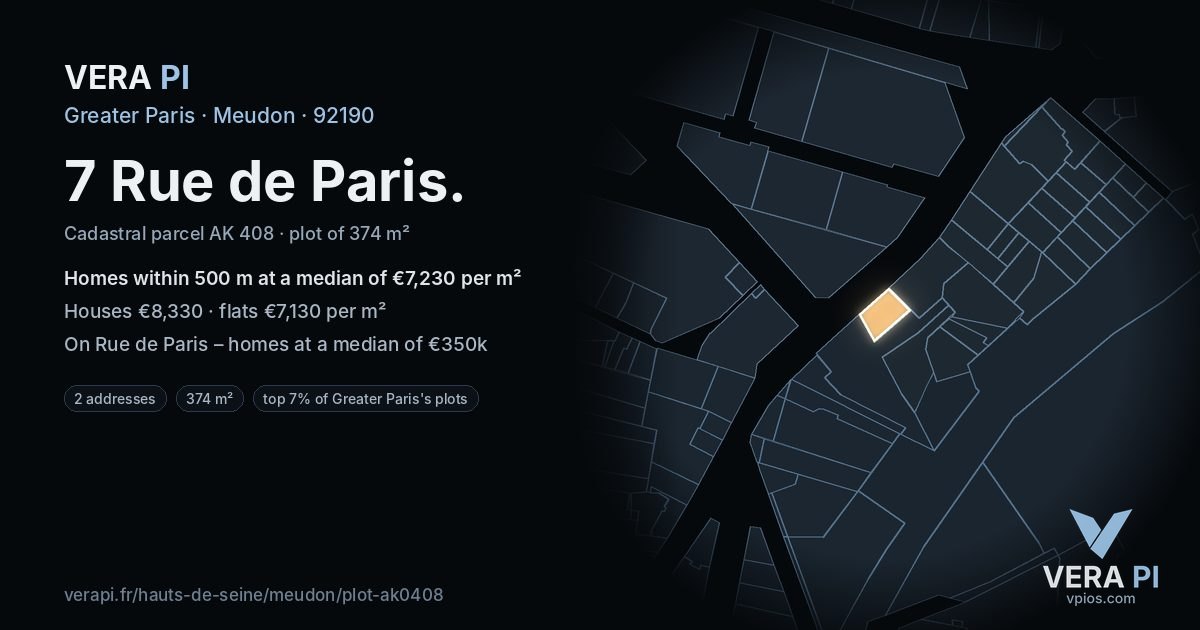 7 Rue de Paris, Meudon at night – the plot lit, the parcels around coloured by the prices near them