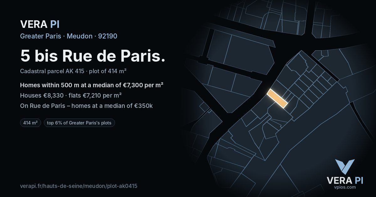 5 bis Rue de Paris, Meudon at night – the plot lit, the parcels around coloured by the prices near them