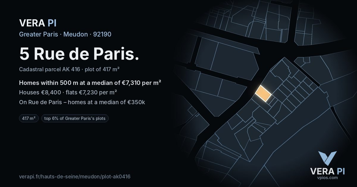 5 Rue de Paris, Meudon at night – the plot lit, the parcels around coloured by the prices near them