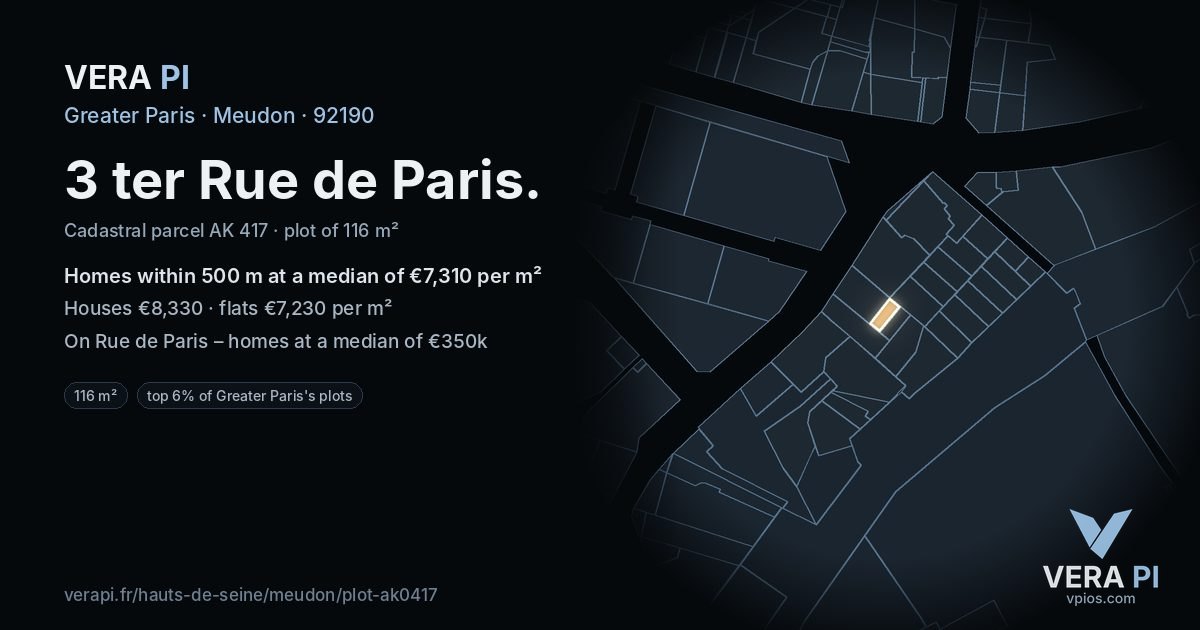 3 ter Rue de Paris, Meudon at night – the plot lit, the parcels around coloured by the prices near them