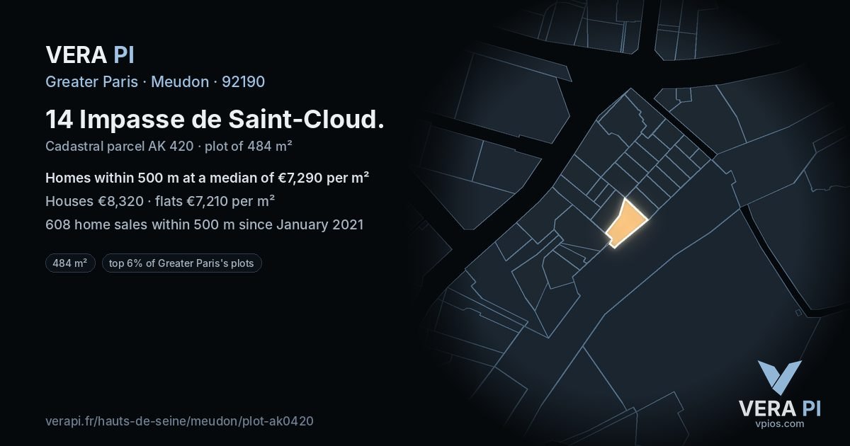 14 Impasse de Saint-Cloud, Meudon at night – the plot lit, the parcels around coloured by the prices near them