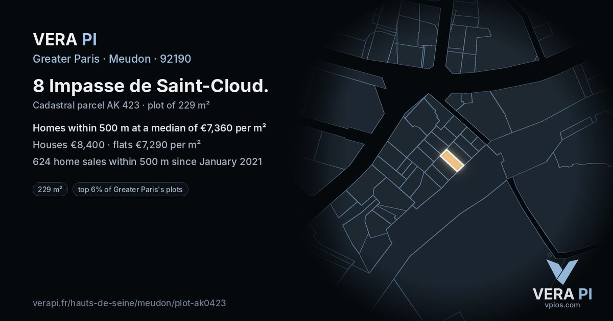 8 Impasse de Saint-Cloud, Meudon at night – the plot lit, the parcels around coloured by the prices near them