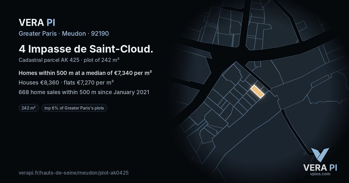 4 Impasse de Saint-Cloud, Meudon at night – the plot lit, the parcels around coloured by the prices near them