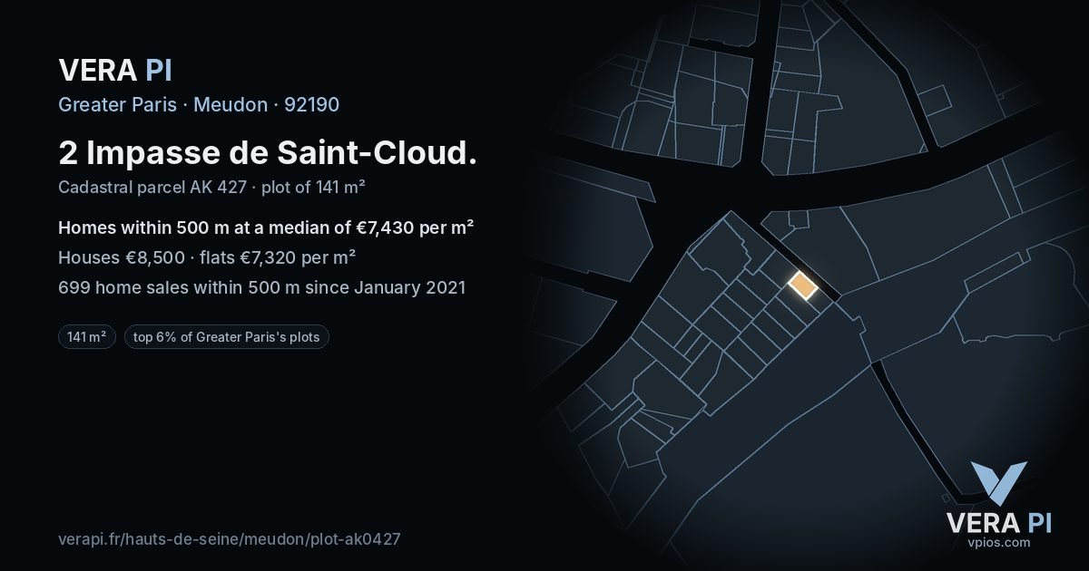 2 Impasse de Saint-Cloud, Meudon at night – the plot lit, the parcels around coloured by the prices near them