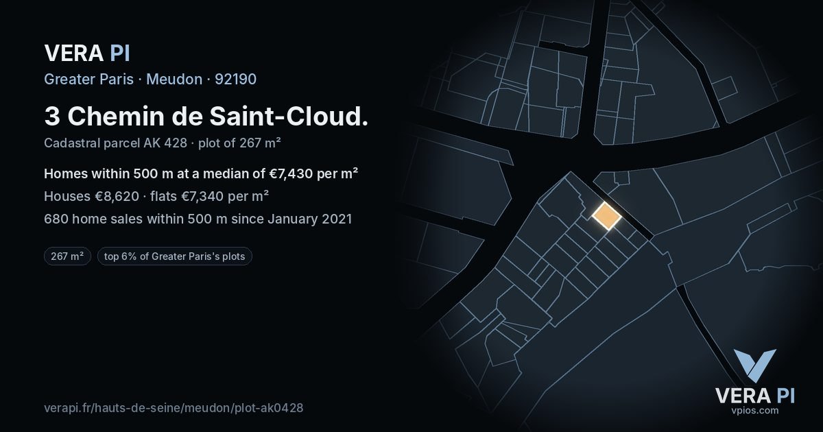 3 Chemin de Saint-Cloud, Meudon at night – the plot lit, the parcels around coloured by the prices near them