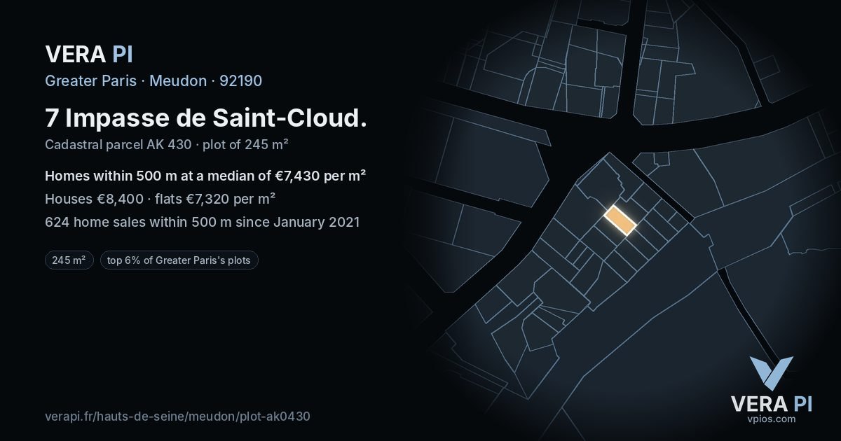 7 Impasse de Saint-Cloud, Meudon at night – the plot lit, the parcels around coloured by the prices near them