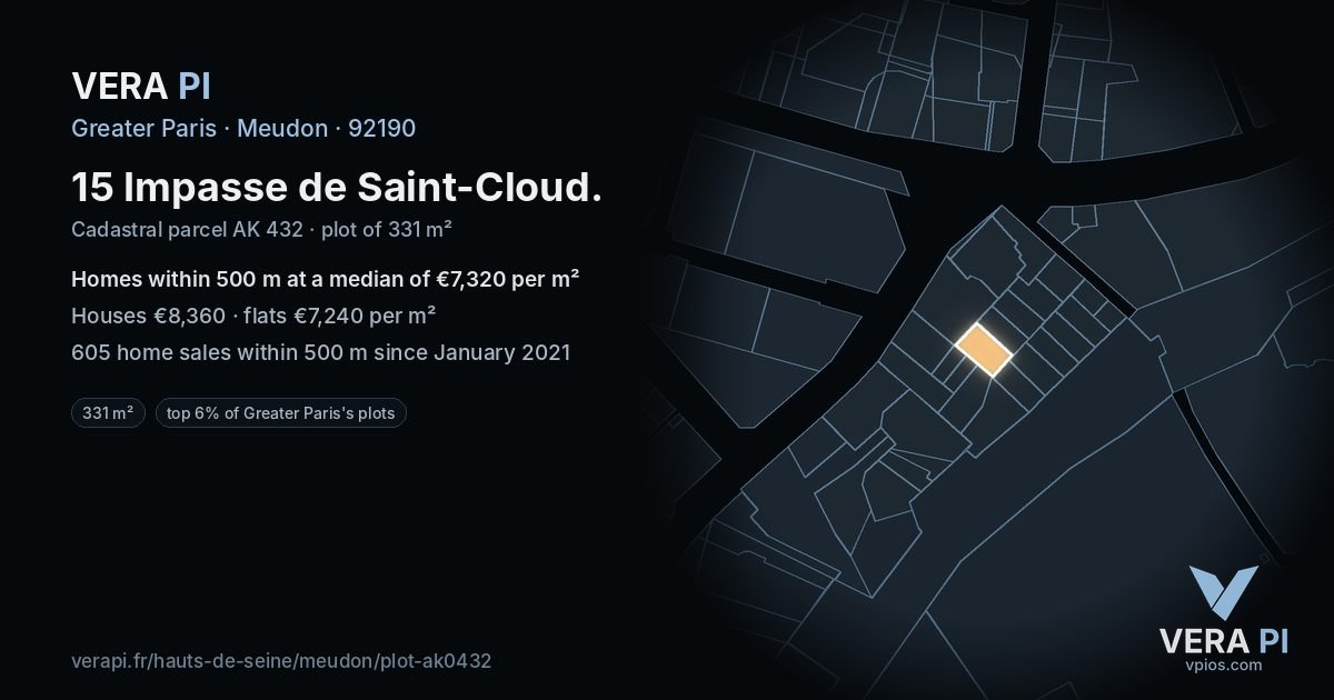 15 Impasse de Saint-Cloud, Meudon at night – the plot lit, the parcels around coloured by the prices near them