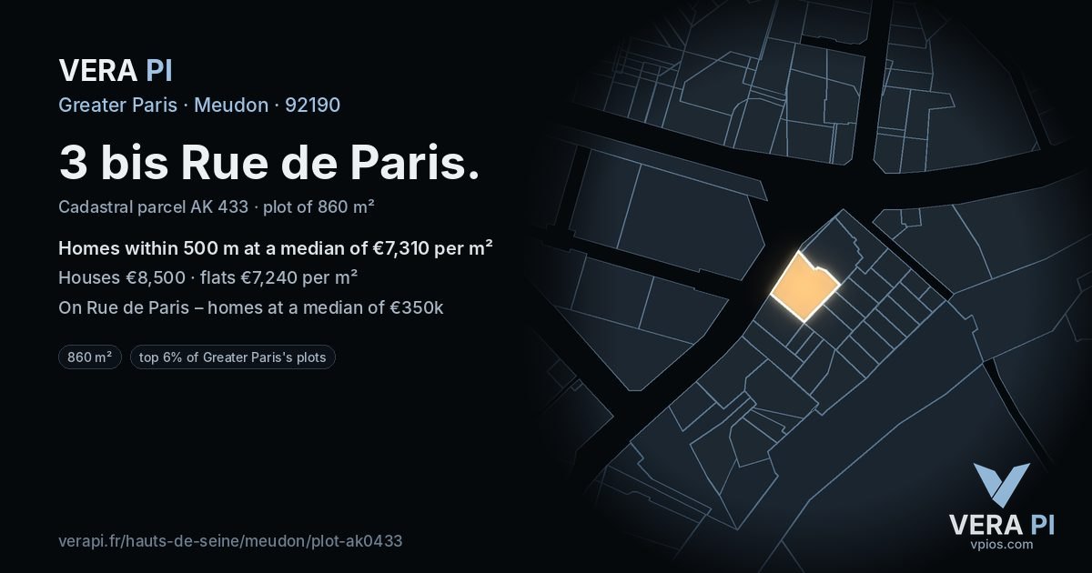 3 bis Rue de Paris, Meudon at night – the plot lit, the parcels around coloured by the prices near them
