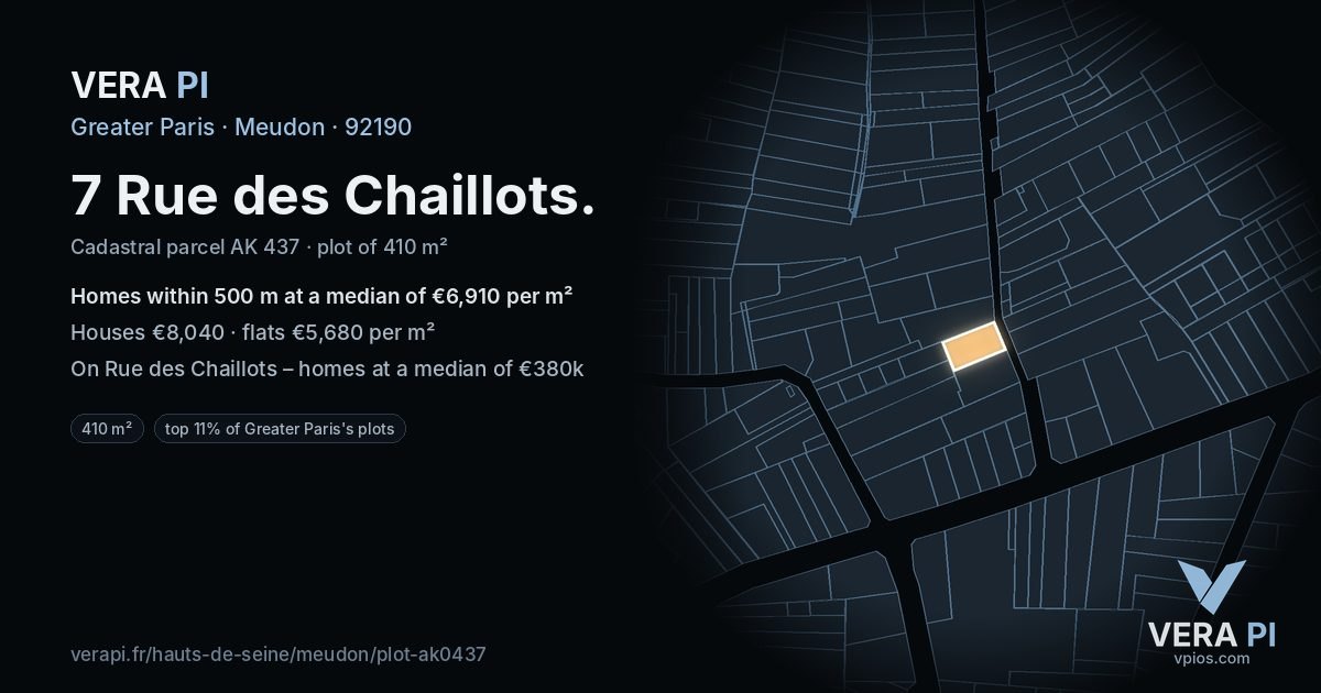 7 Rue des Chaillots, Meudon at night – the plot lit, the parcels around coloured by the prices near them