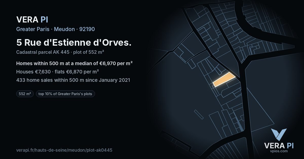 5 Rue d'Estienne d'Orves, Meudon at night – the plot lit, the parcels around coloured by the prices near them