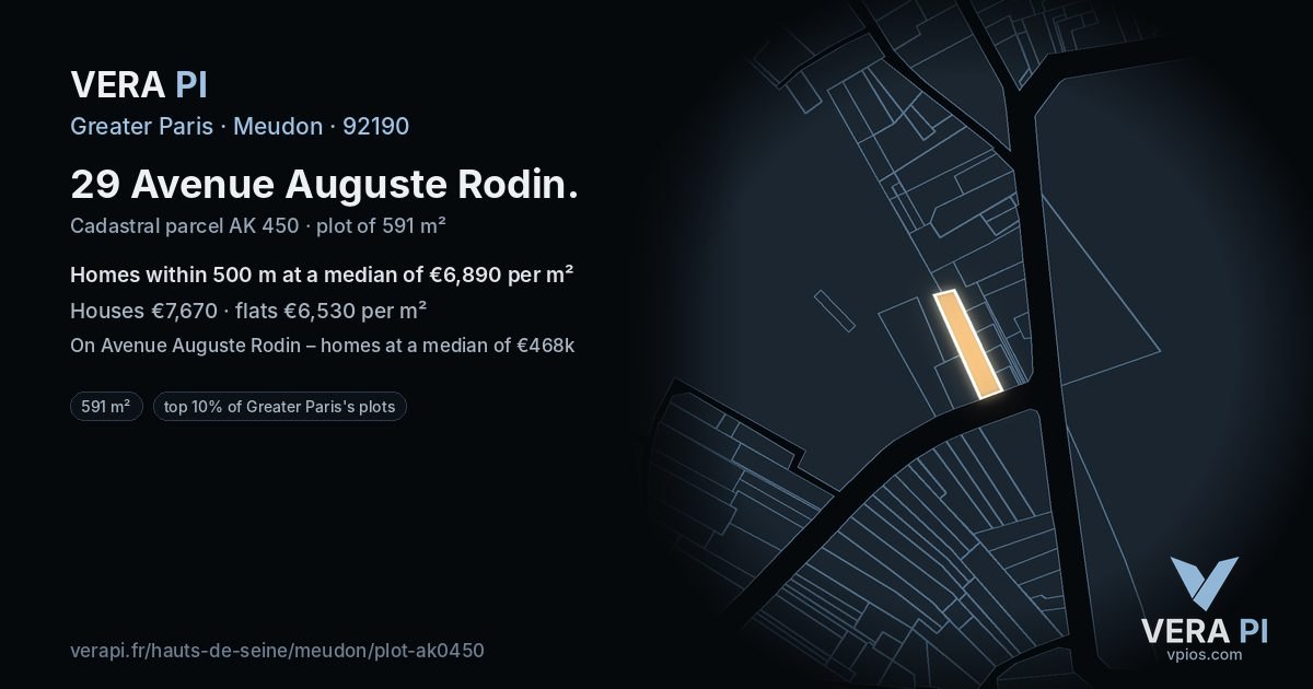 29 Avenue Auguste Rodin, Meudon at night – the plot lit, the parcels around coloured by the prices near them
