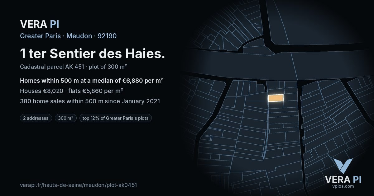 1 ter Sentier des Haies, Meudon at night – the plot lit, the parcels around coloured by the prices near them