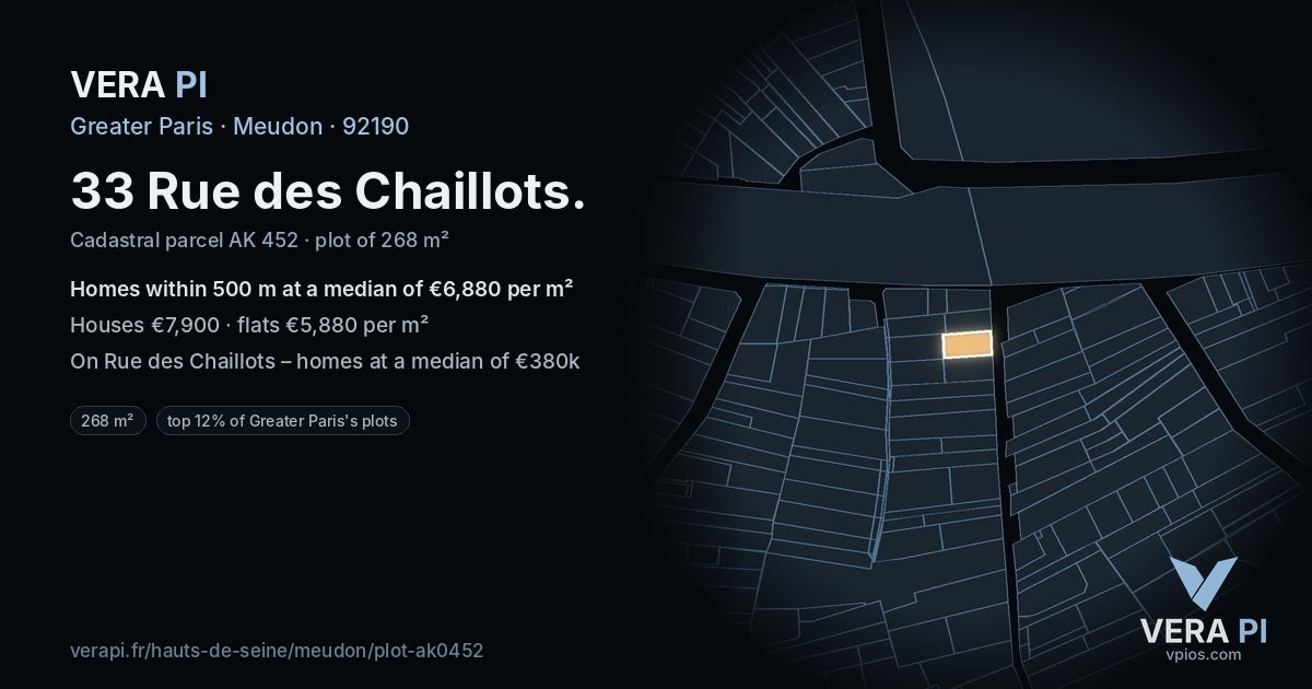 33 Rue des Chaillots, Meudon at night – the plot lit, the parcels around coloured by the prices near them