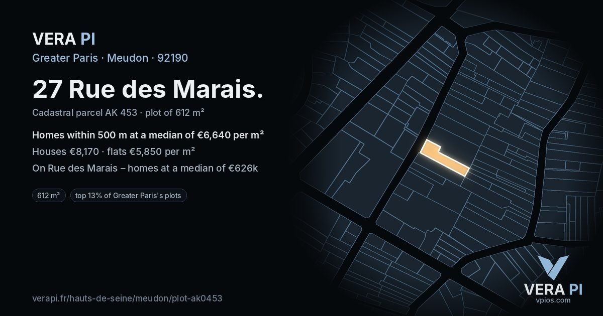 27 Rue des Marais, Meudon at night – the plot lit, the parcels around coloured by the prices near them